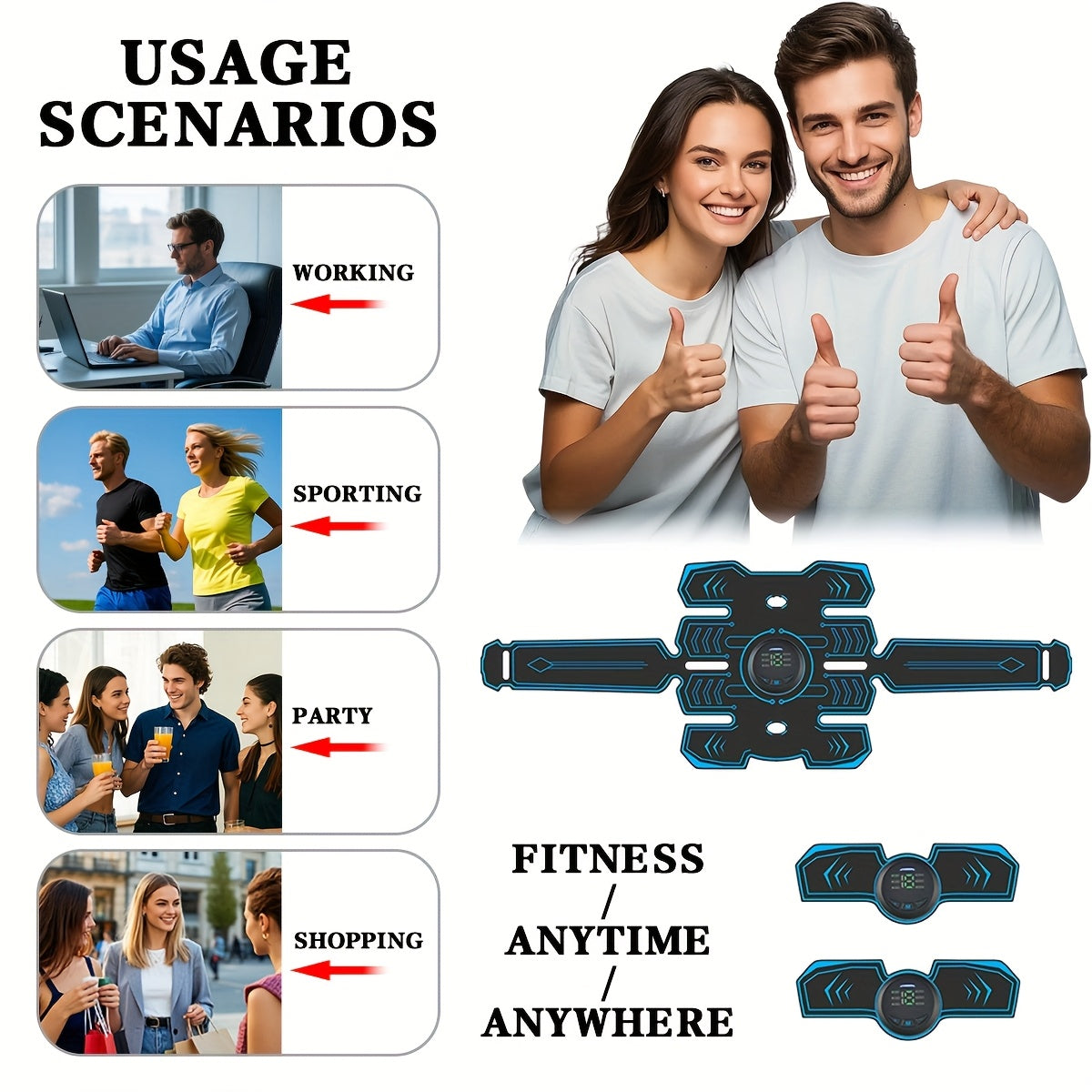 Пояс для спортивного массажа EMS, трехчастный комплект с TENS-стимулятором мышц, 6 режимов, 18 уровней интенсивности для живота, ног, рук