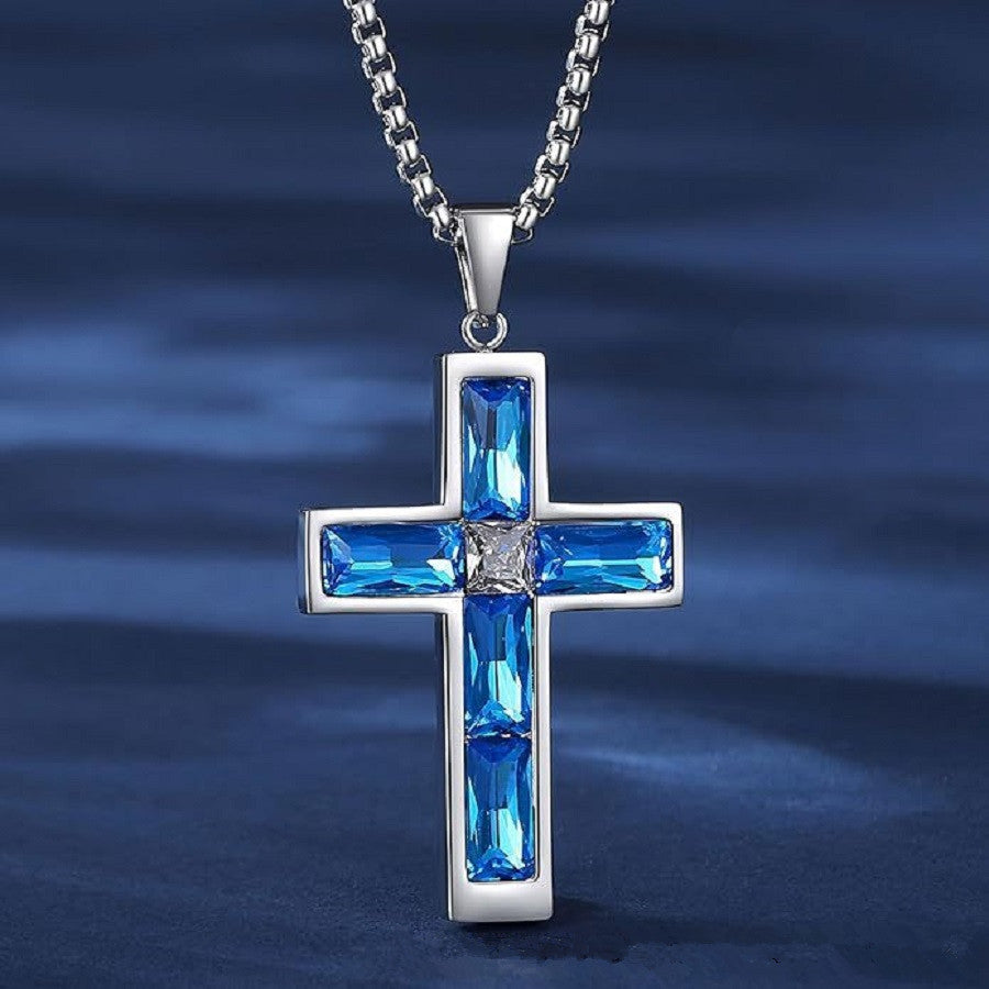 Blue Love Cross Necklace for Men and Women with Glass Pendant Gift
