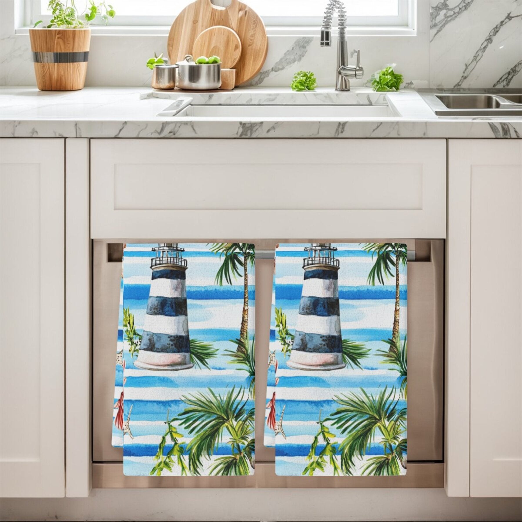 Set of 2 Tropical Lighthouse and Palm Tree Kitchen Towels Absorbent Polyester