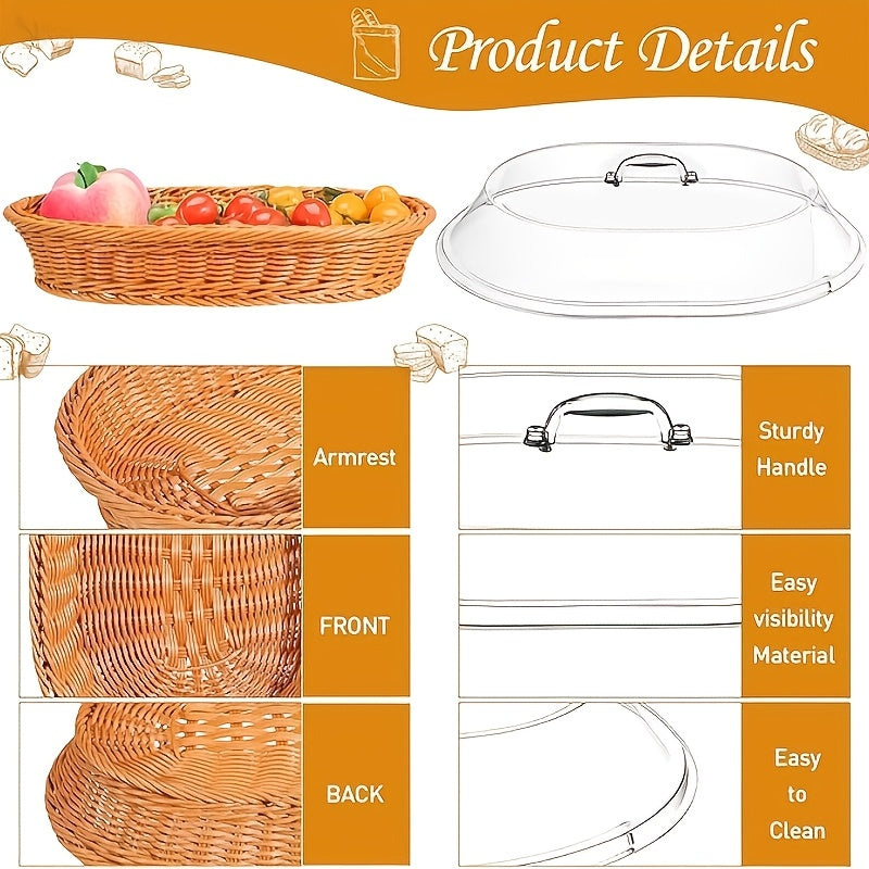 Wicker Bread Basket with Clear Acrylic Lid for Kitchen, Picnic, and Home Display