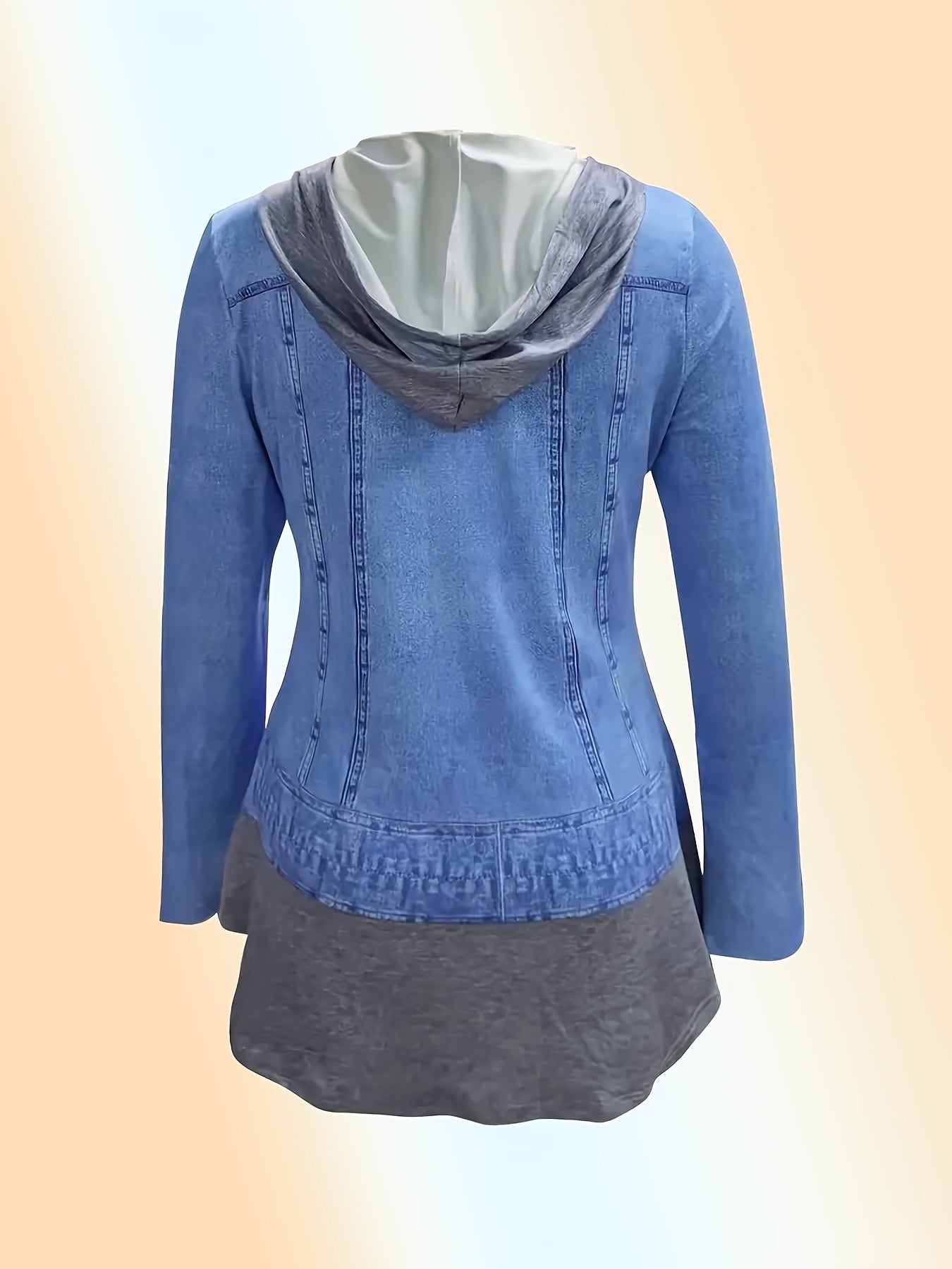 Ayollar uchun kattalashtirilgan sun'iy denim printli xuddi va shimlar to'plami, chiroyli bo'yinli pullover, tortish chiziqli, uzun qo'lqonli to'qilgan mato, 90% polyester 10% spandeks, har tomonlama printli kundalik kiyim to'plami.