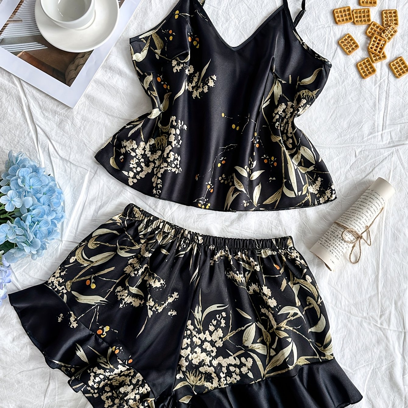 Conjunto de pijama de satén con estampado de cerezas para mujer, talla grande, camisón y pantalones cortos