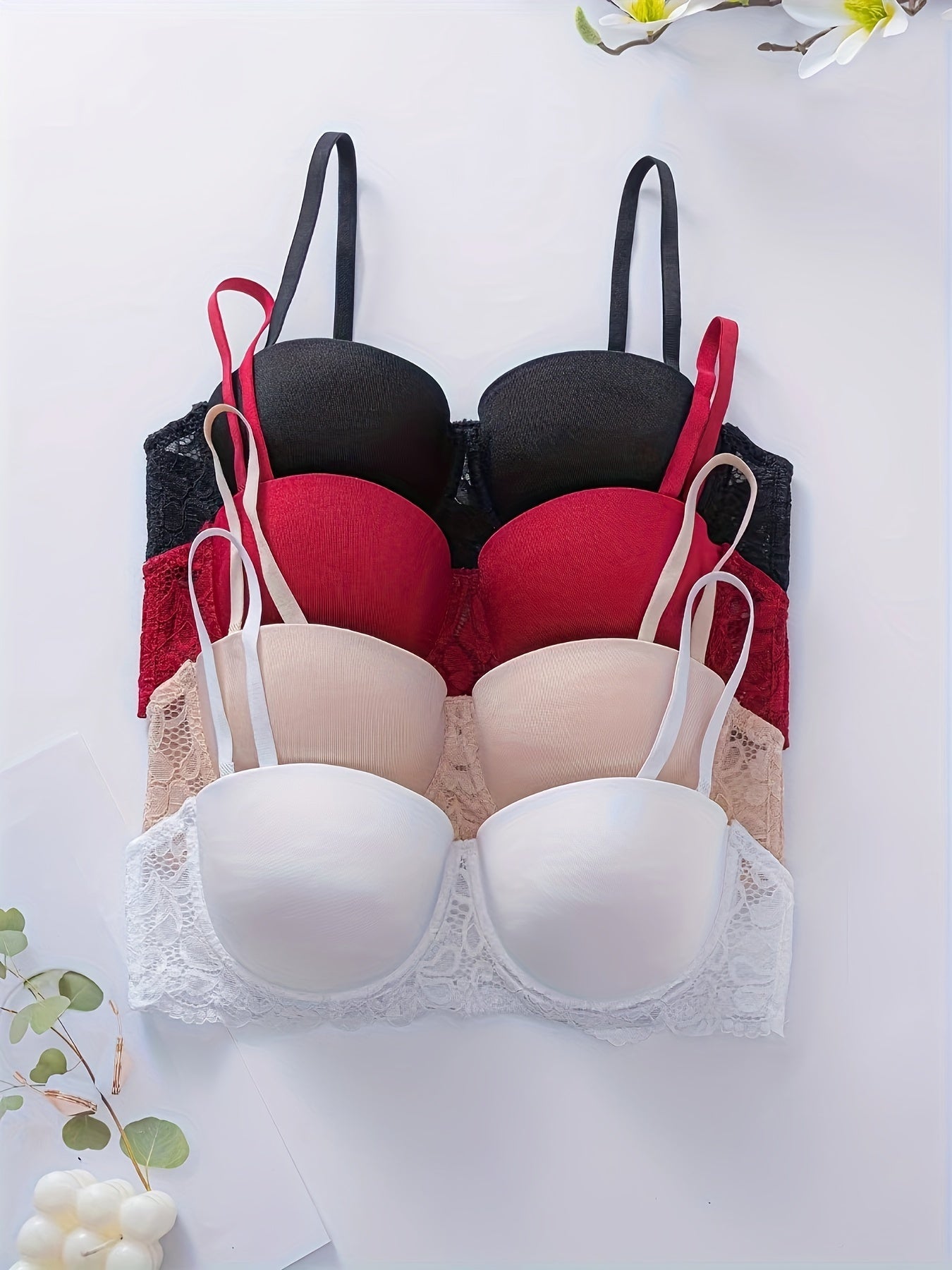 Women’s Lace Push-Up Bras 4-Pack High Support Adjustable Straps Non-Padded Floral Lace