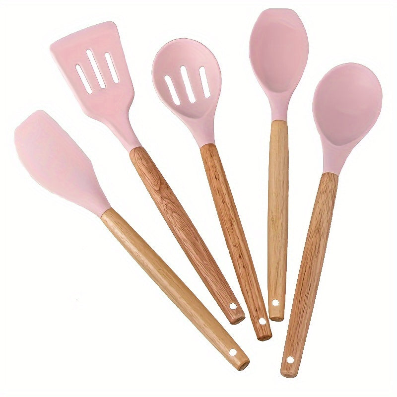 Set of 5 Non-Stick Kitchen Utensils with Wooden Handles for Frying and Cooking