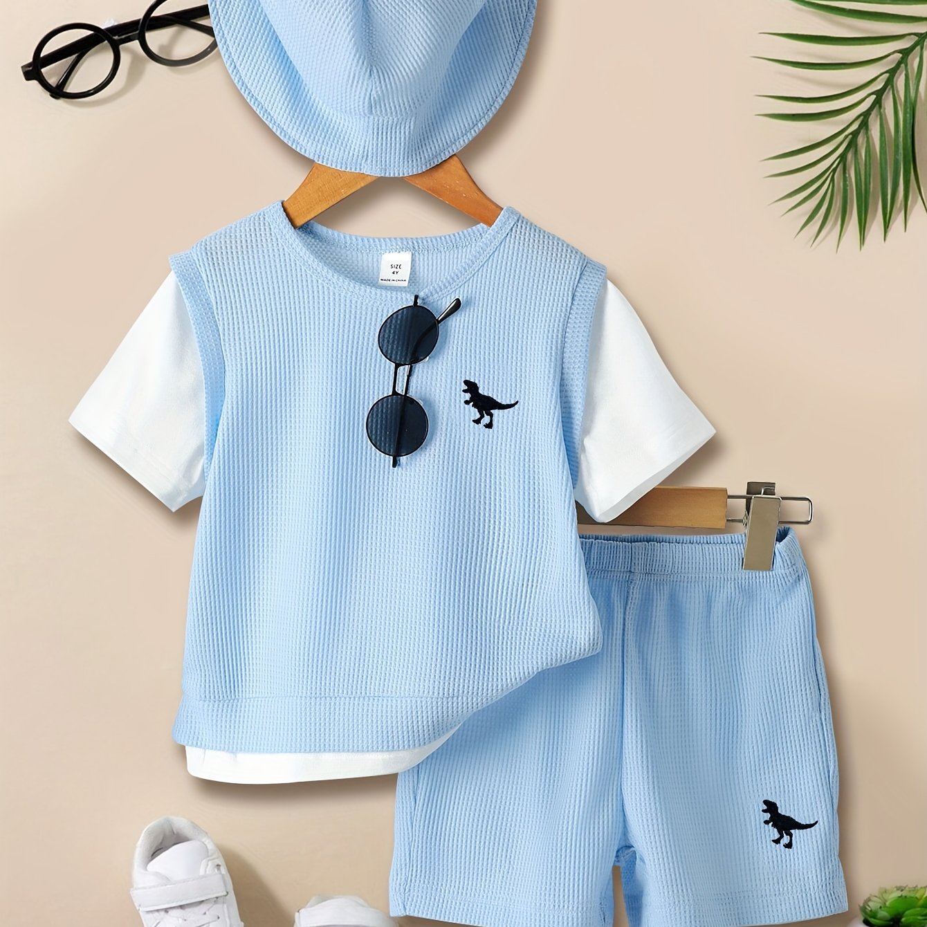 Waffle Pattern Matching Suit for Men and Children Short Sleeve T-Shirt and Shorts