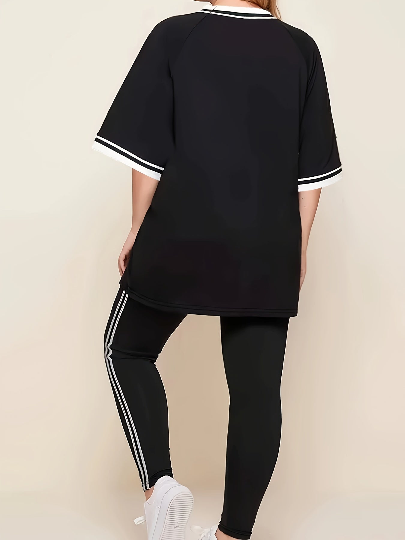 Plus Size Striped Sports Loungewear Set Short Sleeve Ruffle Top Polyester Elastane