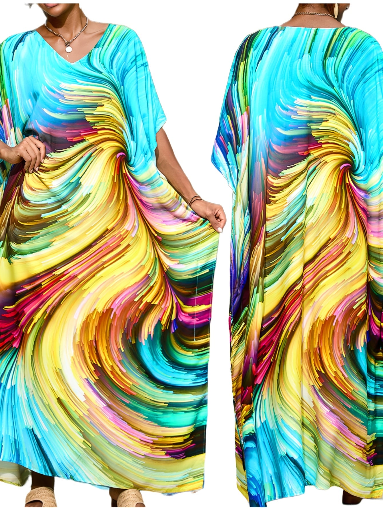 Платье-камуфляж с V-образным вырезом и градиентом в стиле бохо шик, свободного кроя, с боковыми разрезами, изготовлено из стираемой в машине вискозной ткани для женщин.