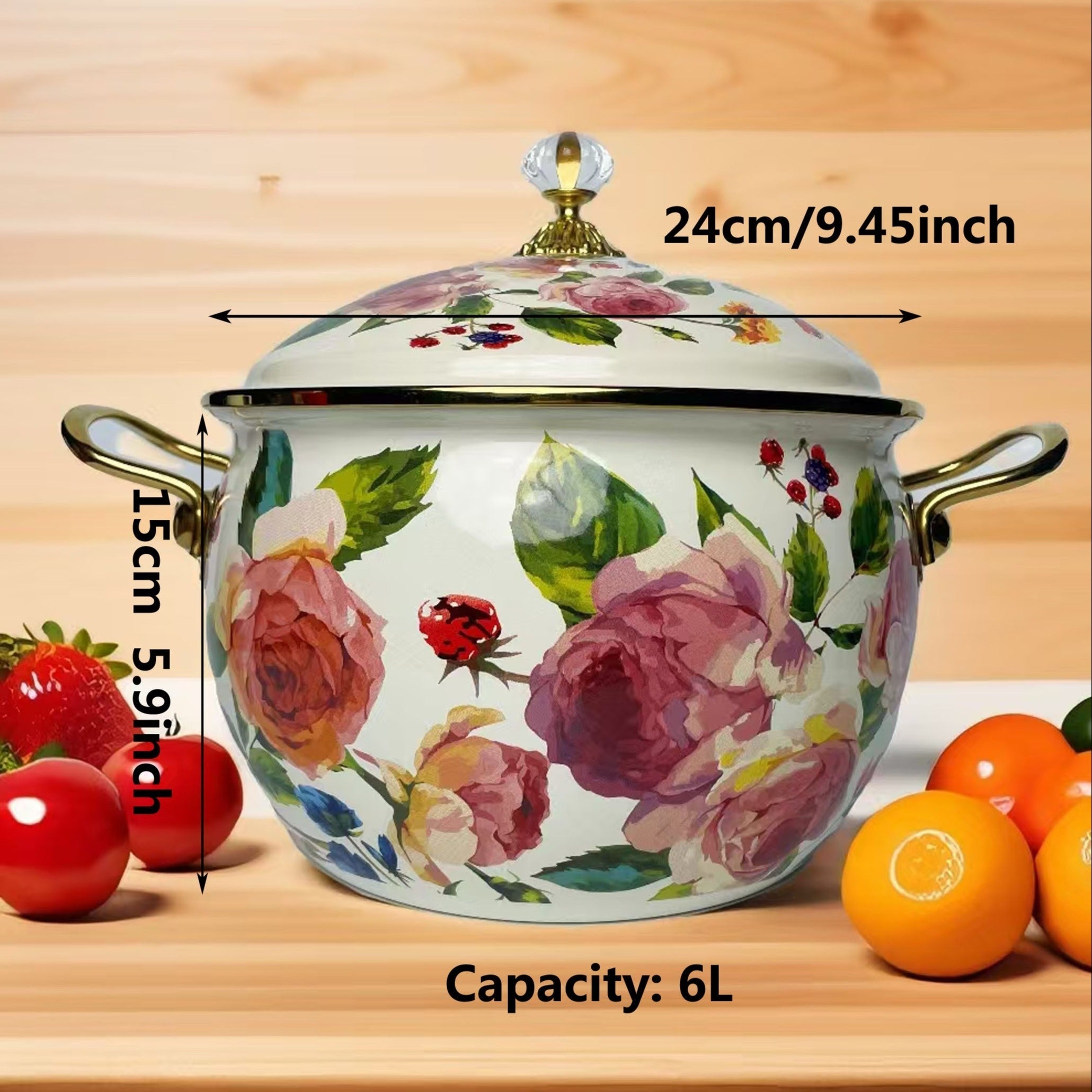 Enamel Double Handle Stew Pot 2.8L Floral Design Induction Gas Stove