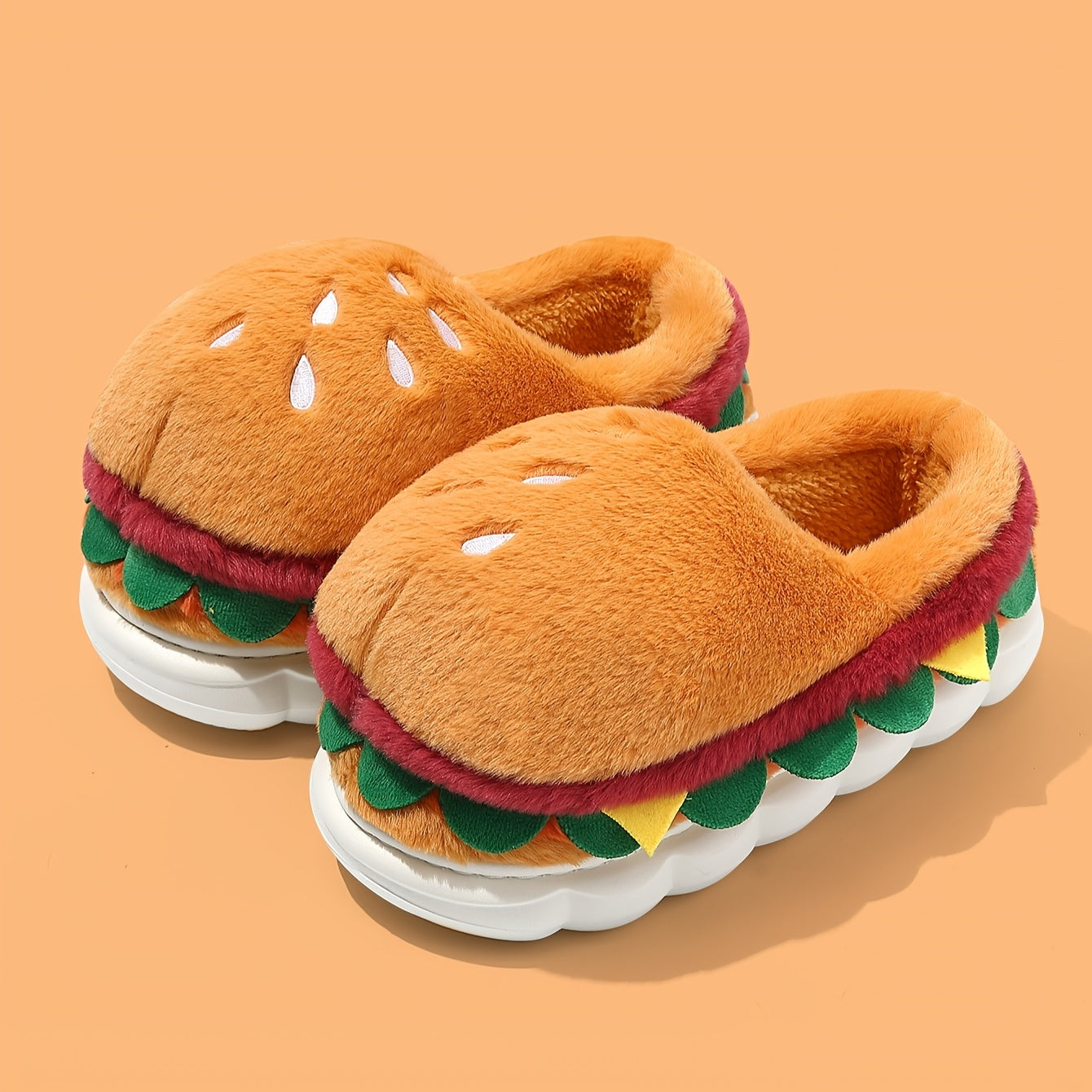 Unisex Plush Slippers Winter Warm Soft Fabric EVA Sole Playful Hamburger Design
