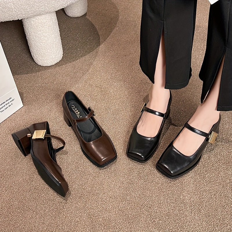 Women's Faux Leather Mary Jane Pumps Square Toe Chunky Heel Casual Shoes