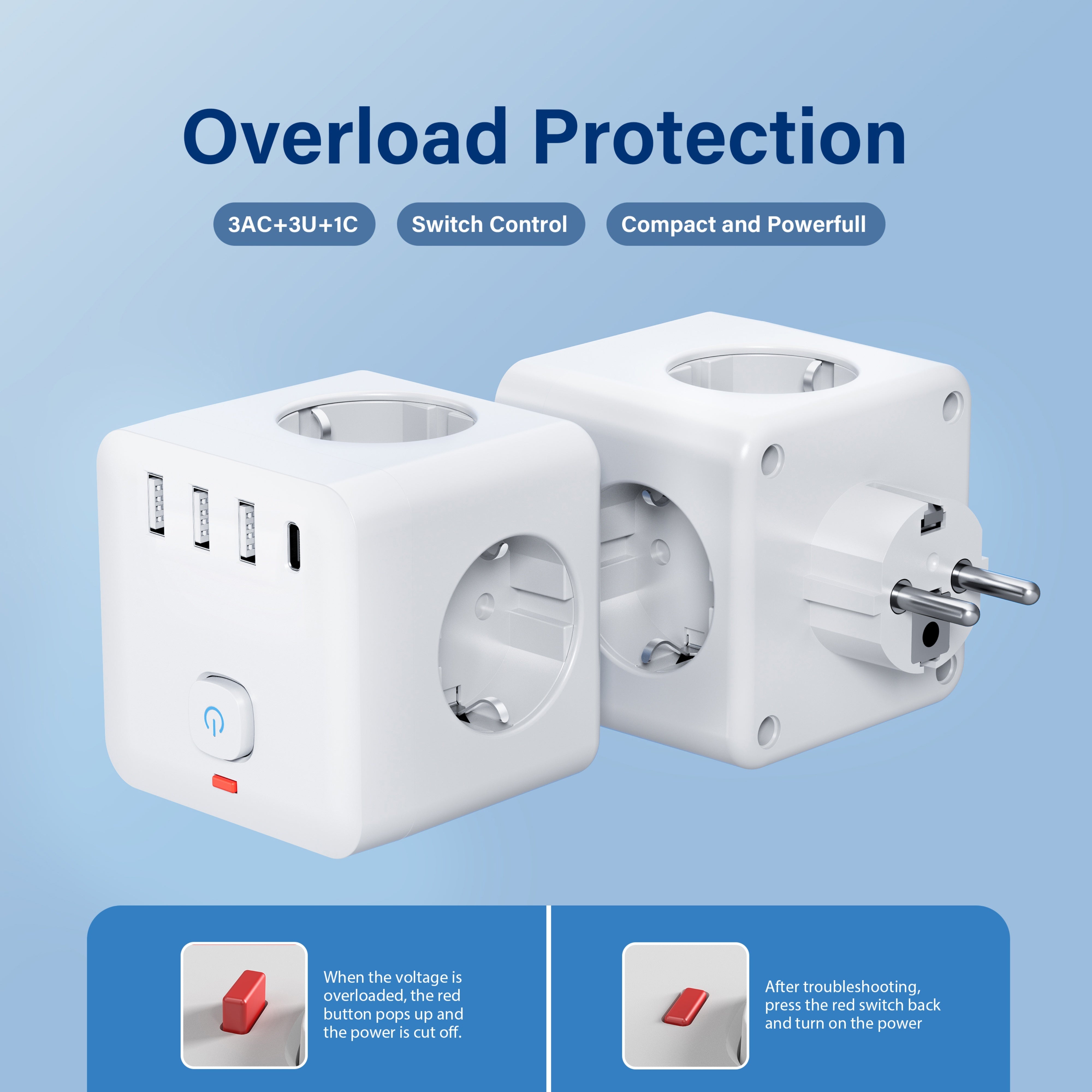 Multi-Functional Power Socket Extender with USB-C and USB Ports for Home Office Travel