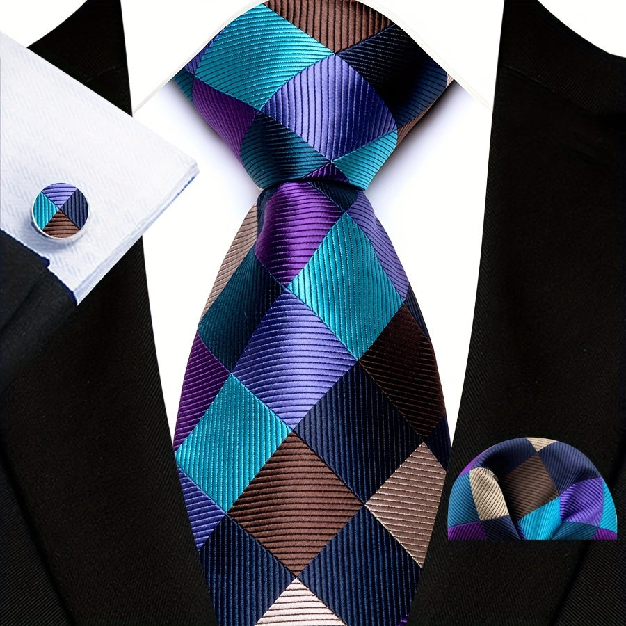 Men's Plaid Pattern Tie Pocket Scarf Cuff Set for Suits Gift