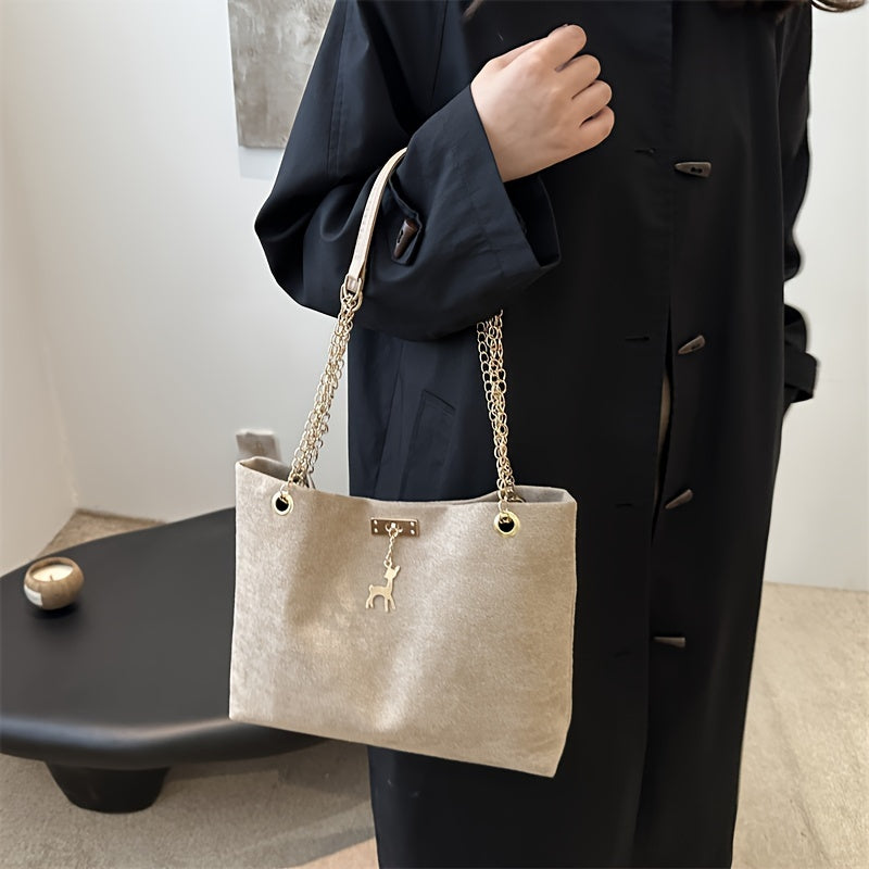 Bolso tote para mujer con colgante de ciervo, gran capacidad, cierre magnético de PU negro, correas de cadena