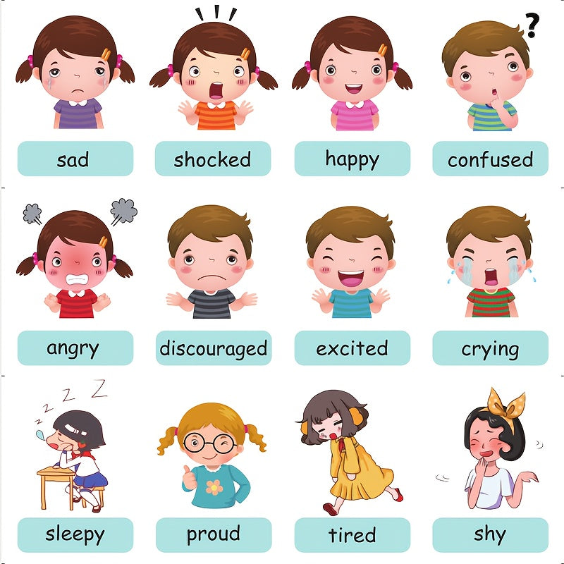 Bolalar uchun mustahkam suv o'tkazmaydigan inglizcha hissiyotlar flash kartalari - O'qish va o'rganish uchun chidamli kartalar, himoya uchun muhrlangan