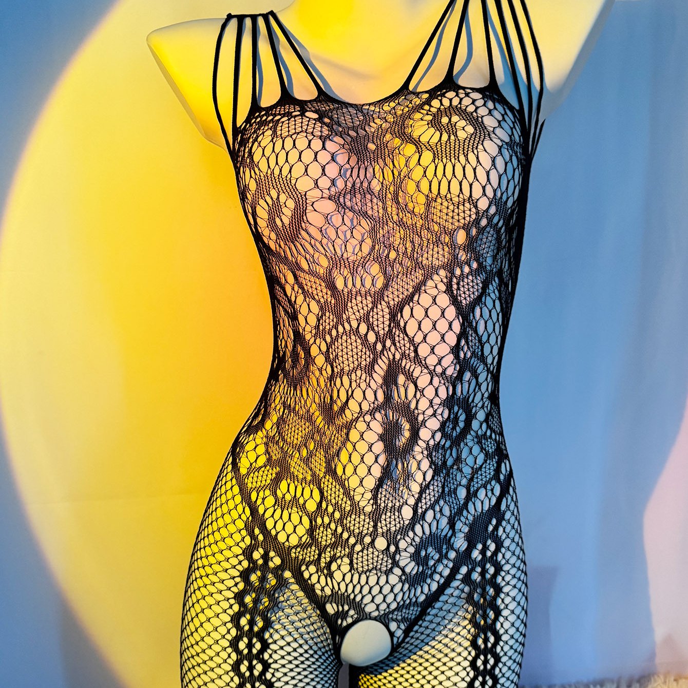 Seductive Fishnet Bodysuit with Jacquard Sleeves Crotchless Garter Socks for Valentine's Day