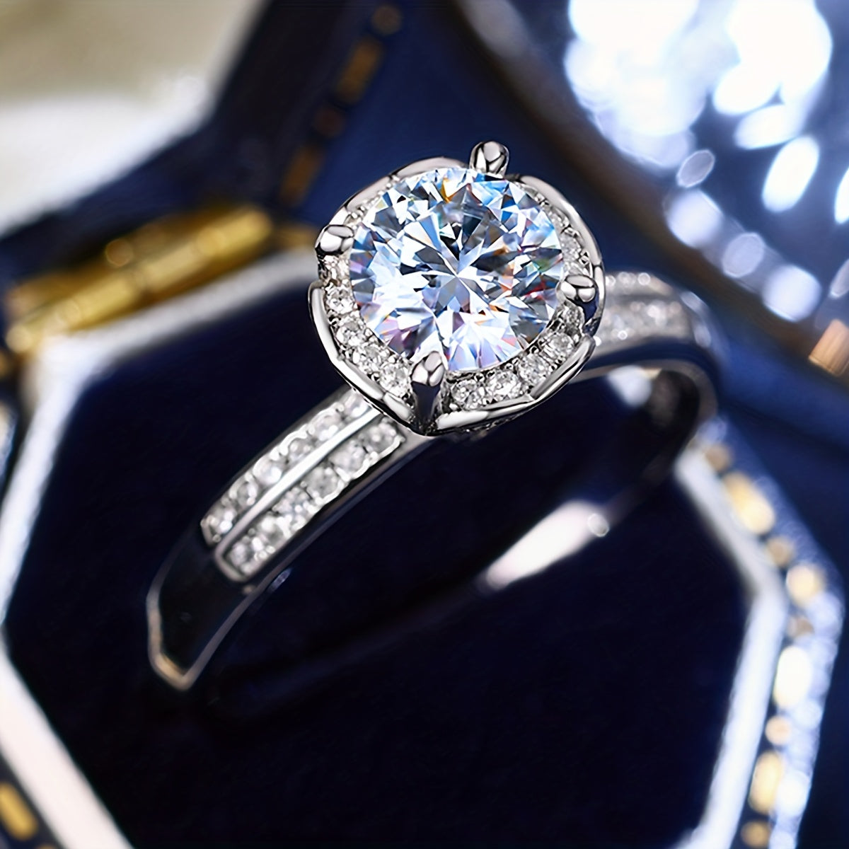 Wedding Proposal Ring Silver Moissanite Flower Design with Certificate and Box