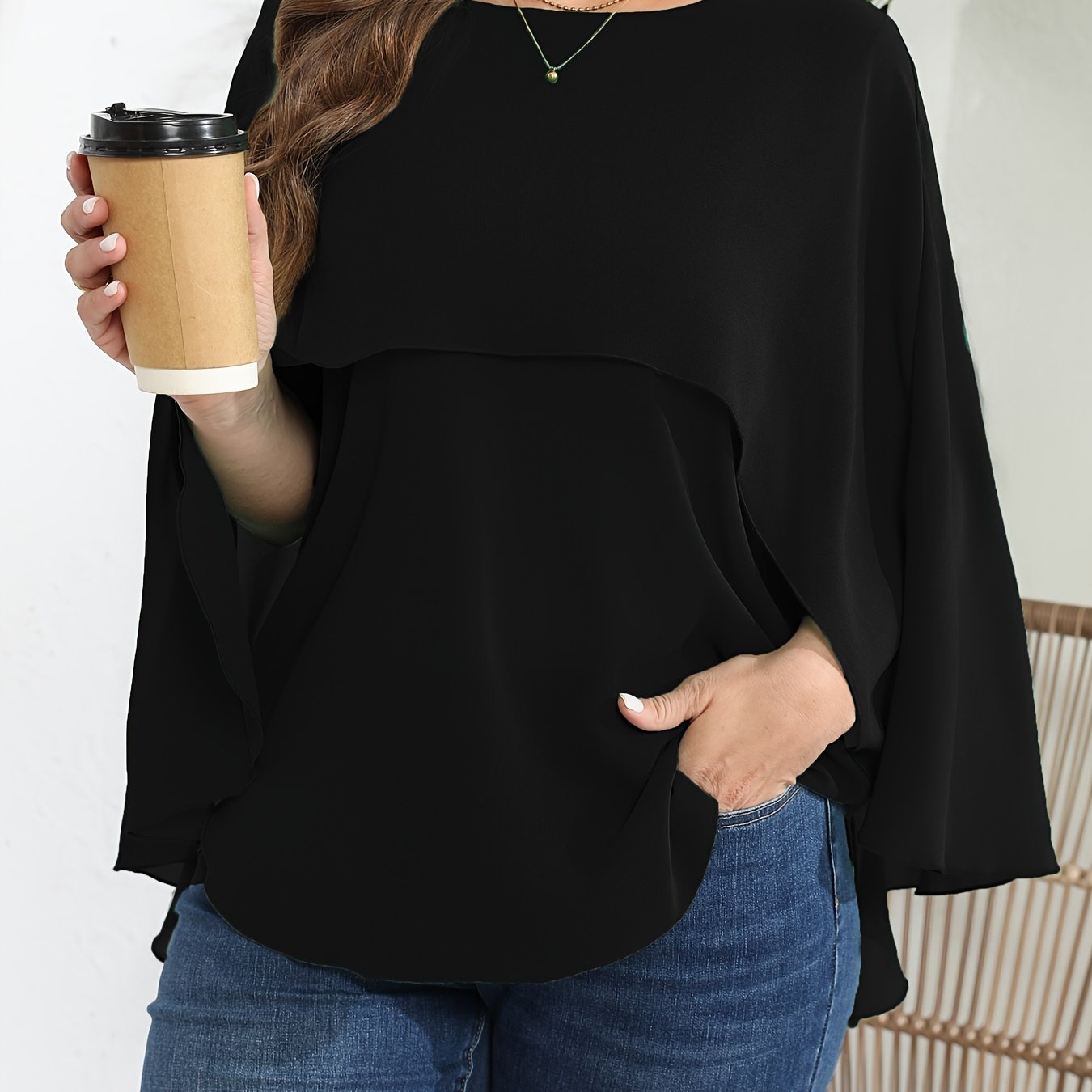 Plus Size Women's Polyester Crew Neck Blouse Solid Color Woven Shirt