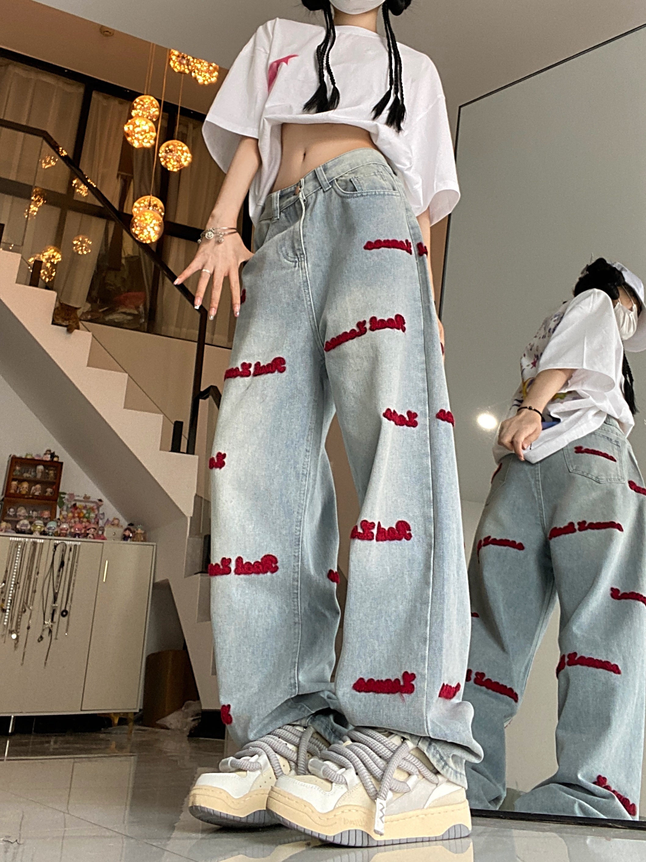 Women's Denim Jeans with Red Embroidered Lettering Regular Fit Long Stretch Fabric Casual All-Season