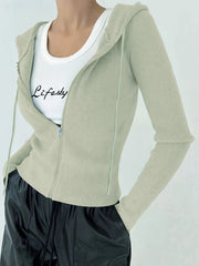 Women's Slim Fit Hooded Jacket with Ribbed Knit Drawstrings and Zipper for Fall Winter