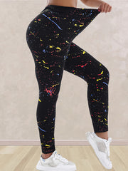 Women's Plus Size Cropped Leggings Black Ink Print High Waist Stretchy Sportswear