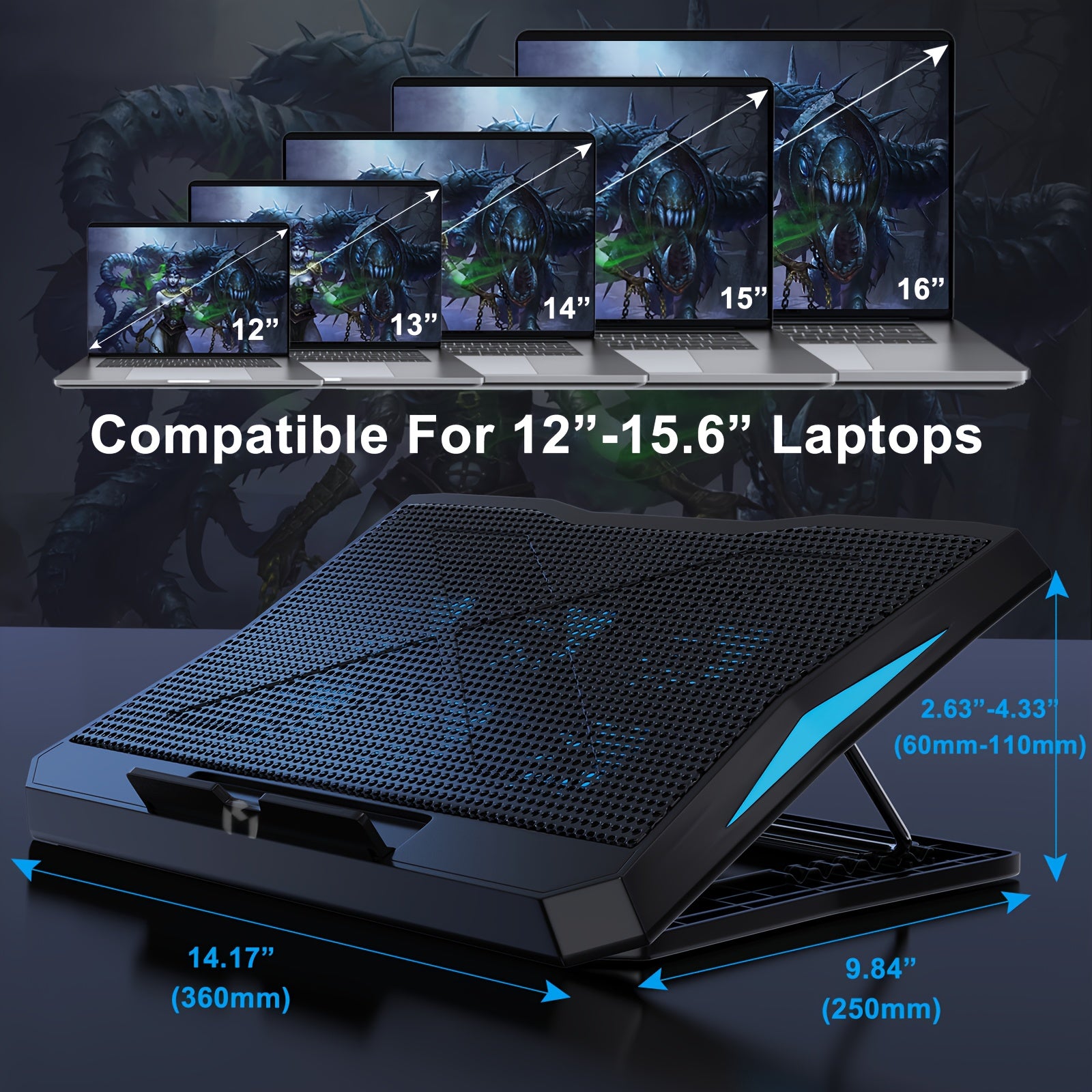 Подставка для охлаждения ноутбука с 6 вентиляторами, регулируемой высотой, светодиодной подсветкой, USB-портами для ноутбуков 22,86-39,62 см