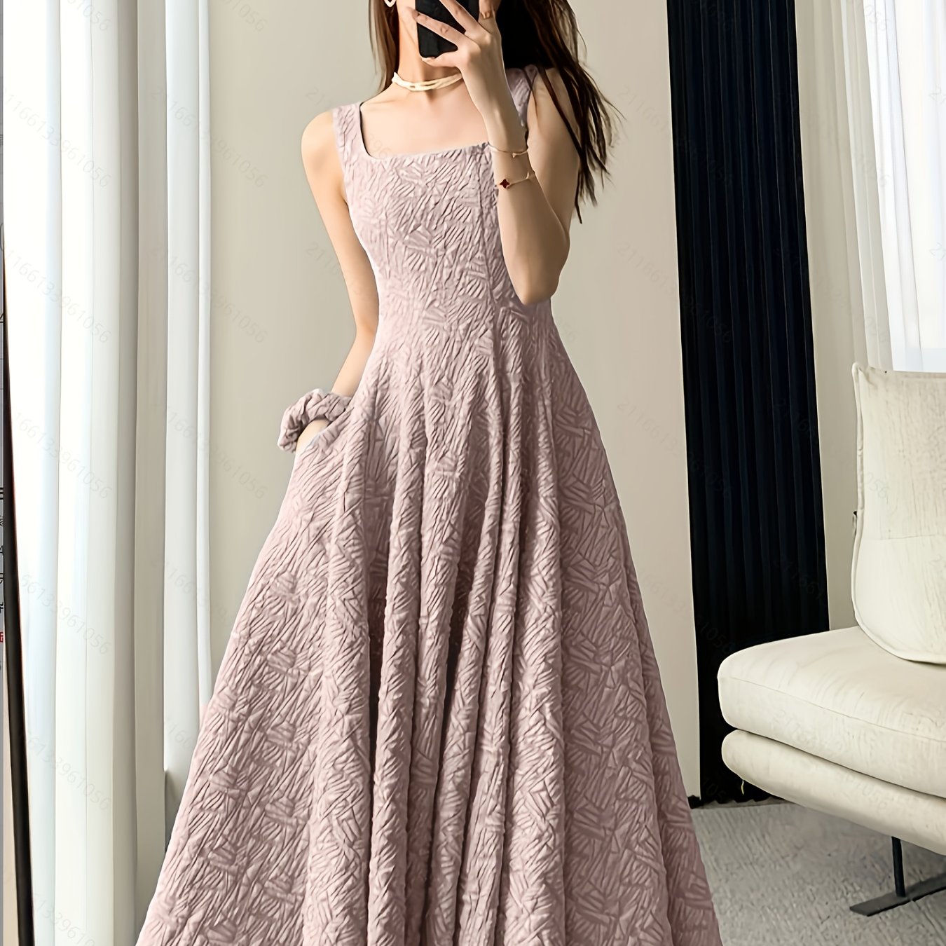 Adult Jacquard Square Neck Flared Dress Solid Polyester Spring Summer