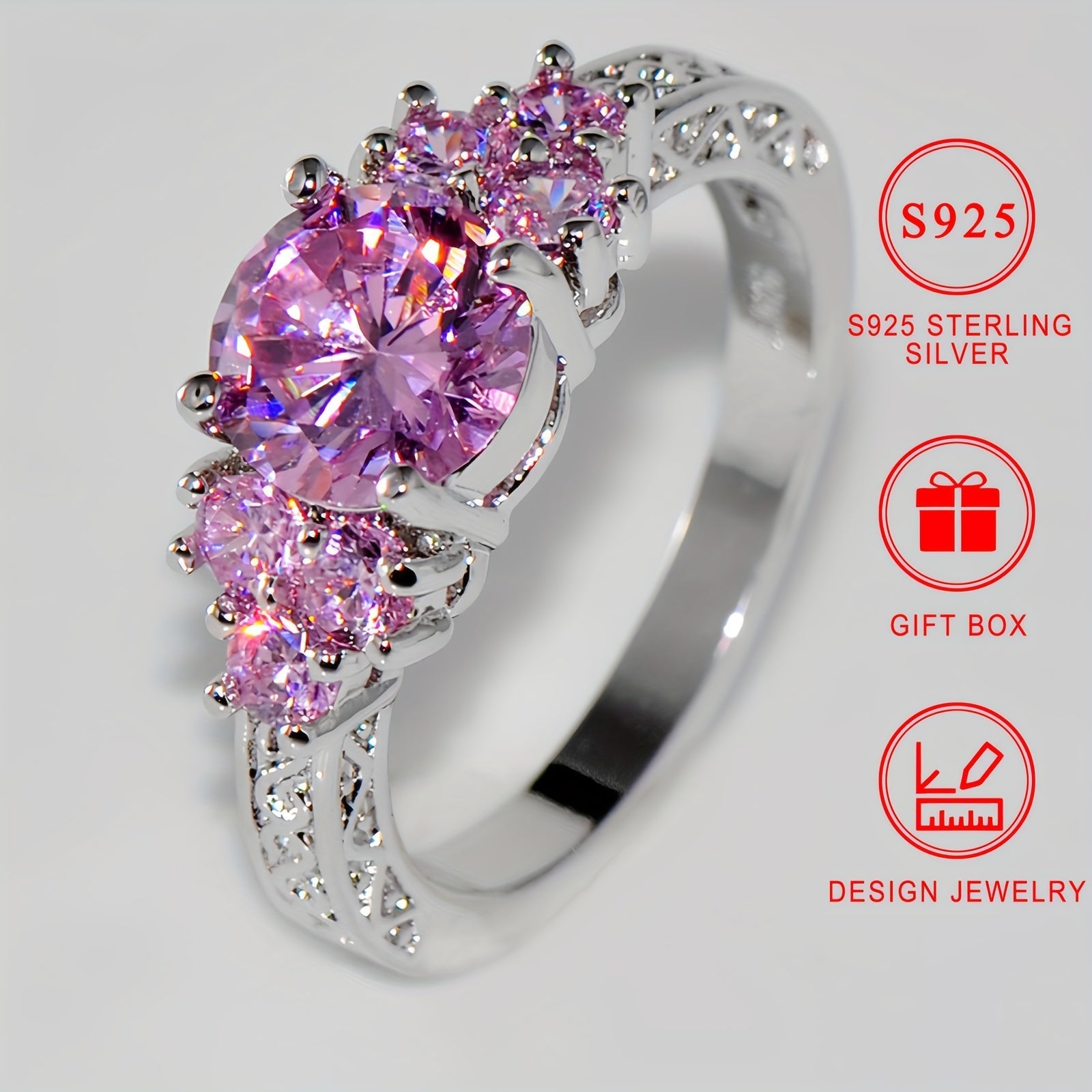 Sterling Silver Promise Ring with Pink Cubic Zirconia for Engagement or Wedding