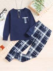 Boys' Cozy Plaid Pajama Set Long Sleeve Top and Pants for Spring Fall Kids 12 and Under