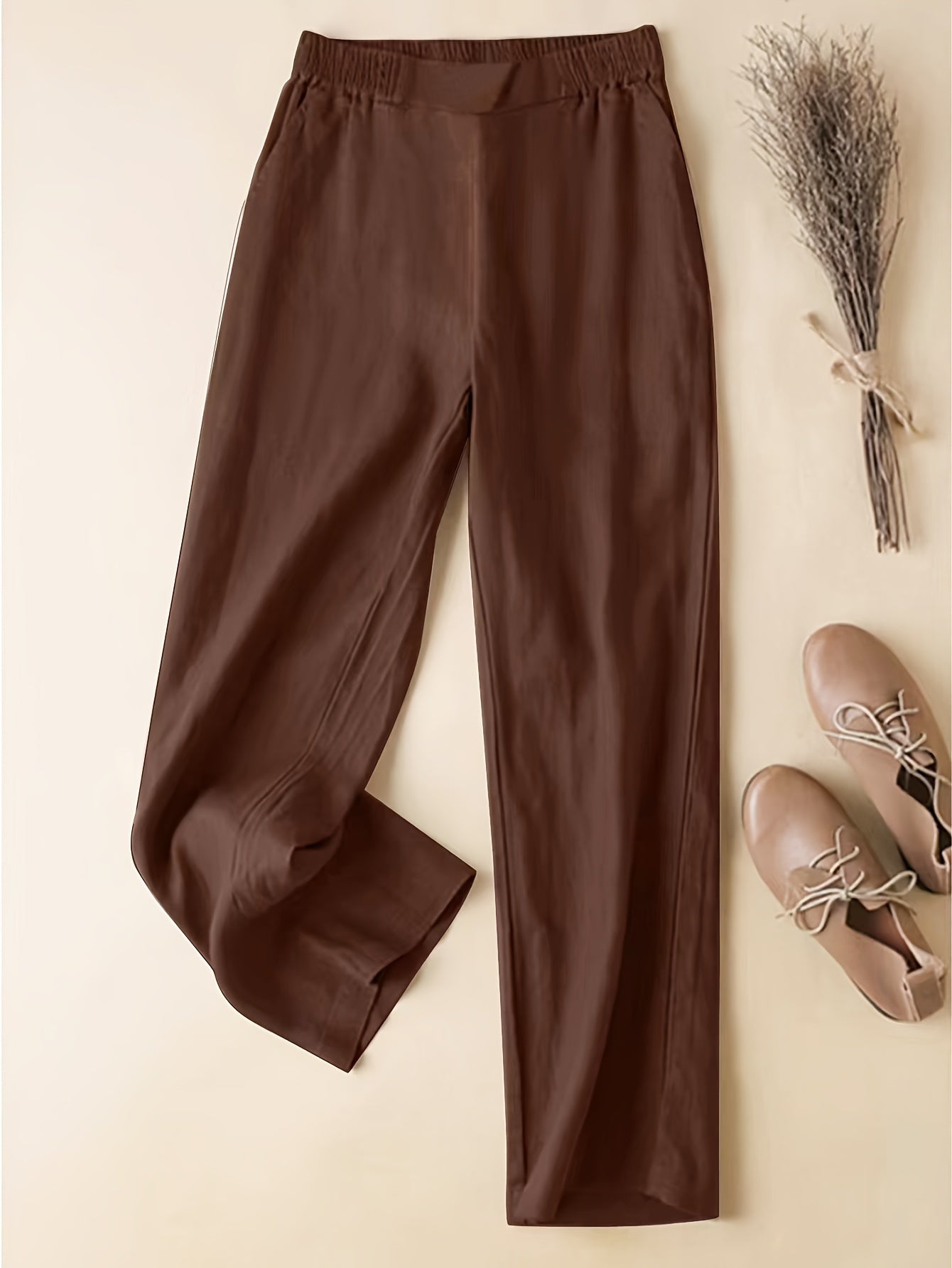 Plus Size Women's Solid Stretch Straight Pants Casual Elastic Waist Summer