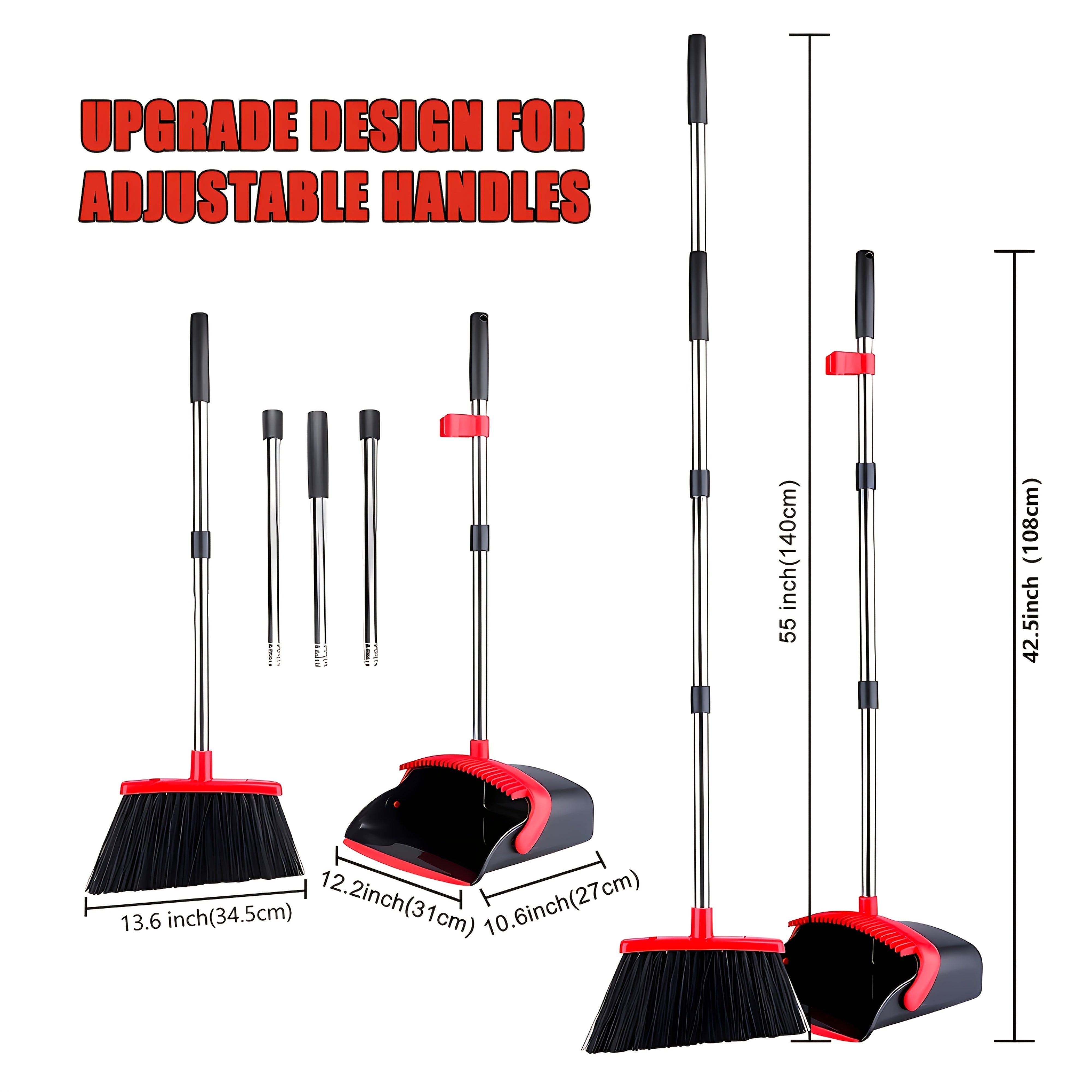 Conjunto de escoba y recogedor de múltiples superficies en negro y rojo con dientes autolimpiables