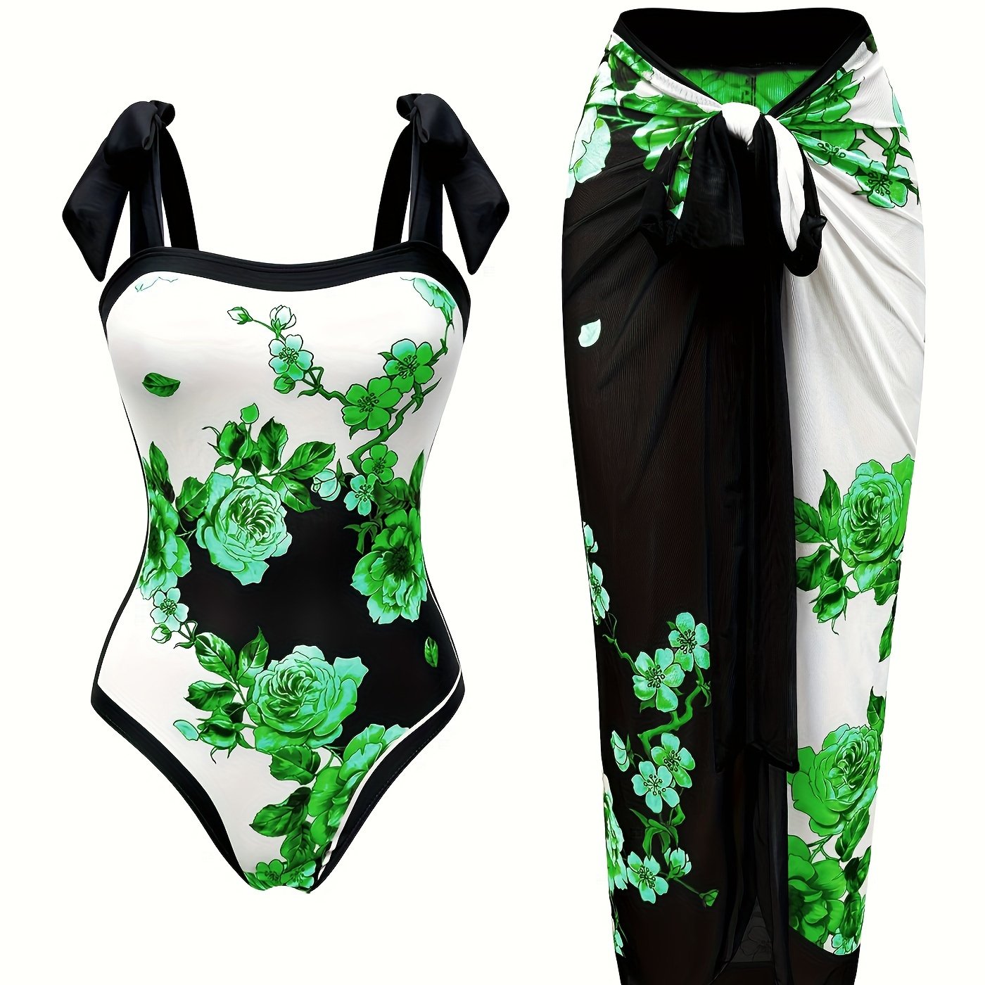 Women's Floral Sun Protection One-Piece Swimsuit with Sheer Skirt Polyester Elastane