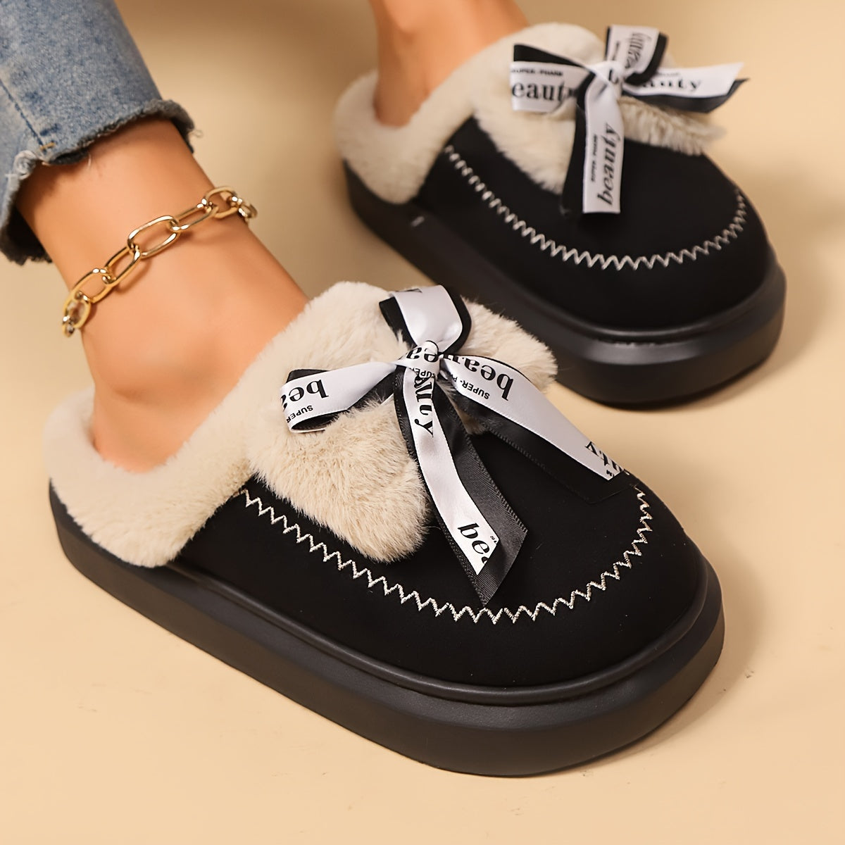 Women’s Plush Winter Slippers with Bowknot Non-Slip Sole for Indoor Outdoor