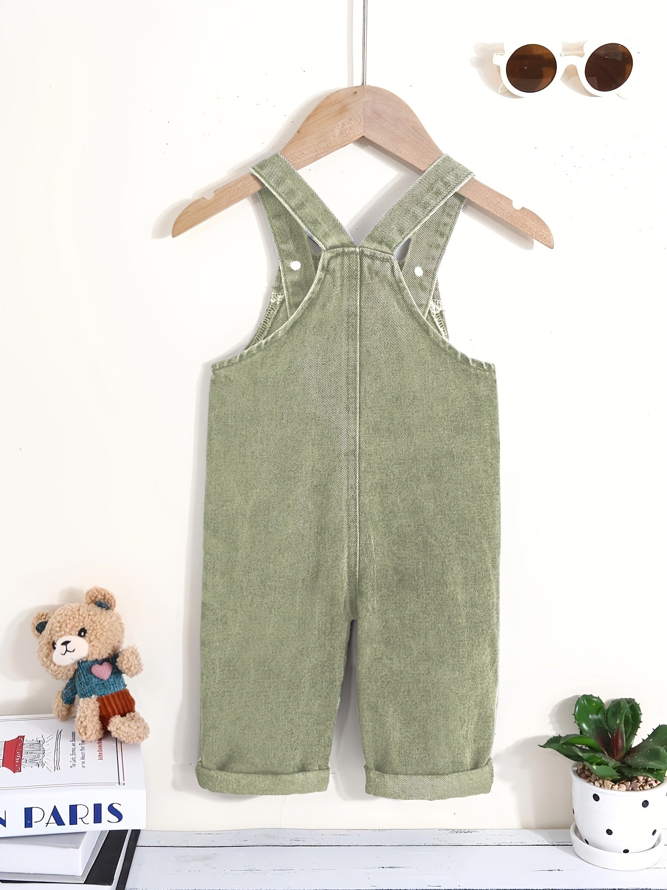 Boys' Green Denim Overalls with Bear Patch for Toddler Casual Fall Winter Outdoor Wear