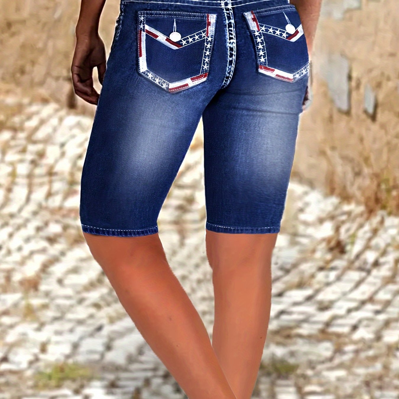 Women's Plus Size High-Waist Denim Bermuda Shorts Stretchy Casual Blue