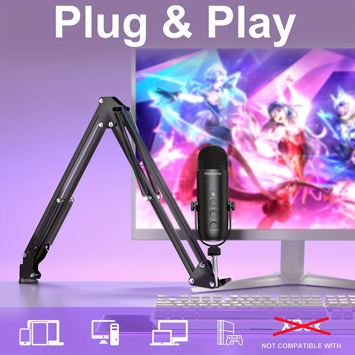 USB Gaming Microphone Kit with Boom Arm Supercardioid Mic Mute Button Echo Volume