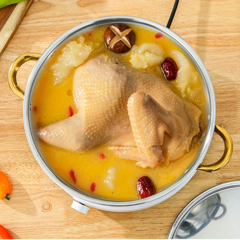 Набор из 10 нержавеющих стальных кастрюль с большой емкостью, легкие в очистке, различных размеров, универсального применения, включает в себя крышки из нержавеющей стали с термостойкими золотыми ручками.