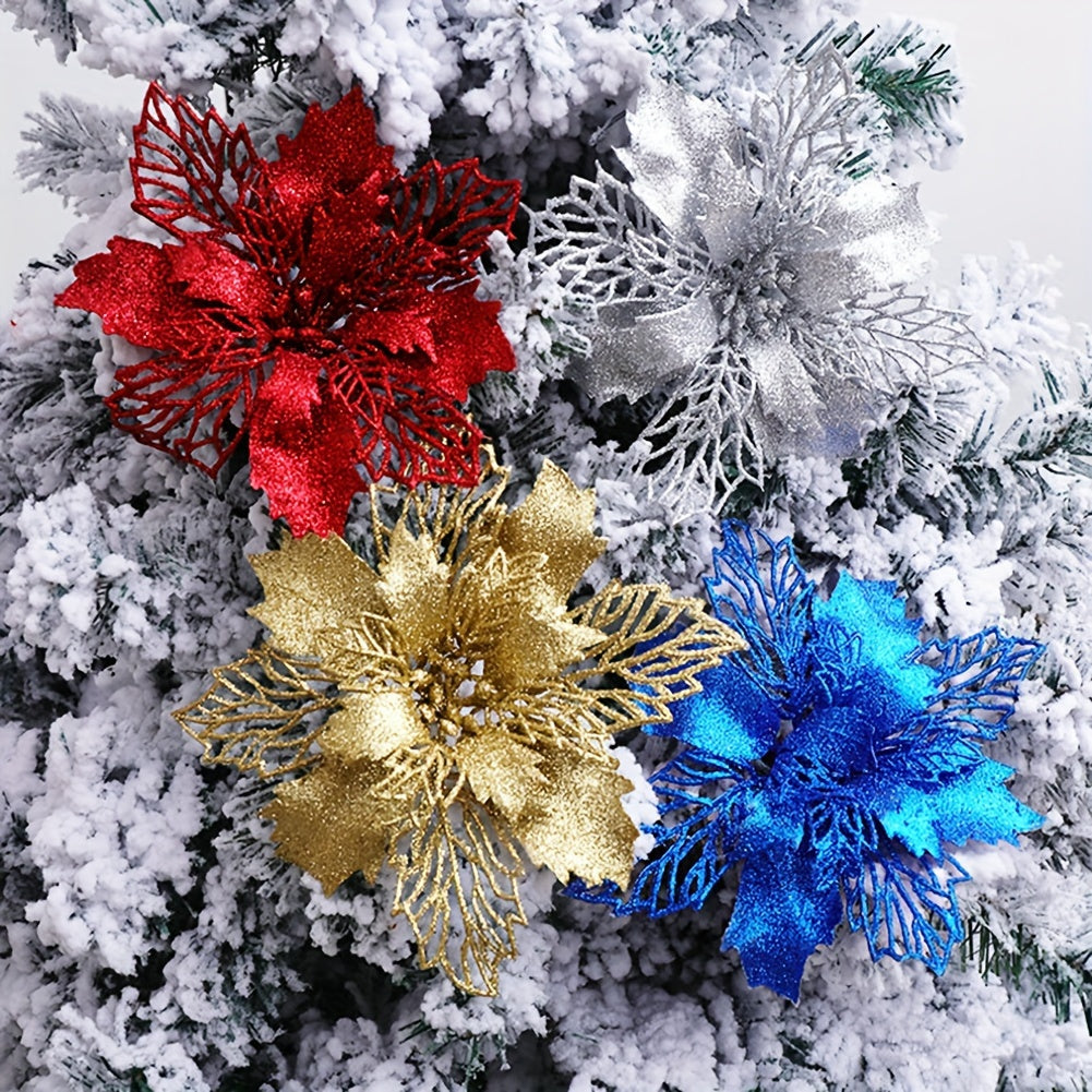 Artificial Christmas Flowers Set 10 Pieces 9cm Glitter Tree Ornaments for Holiday Decor