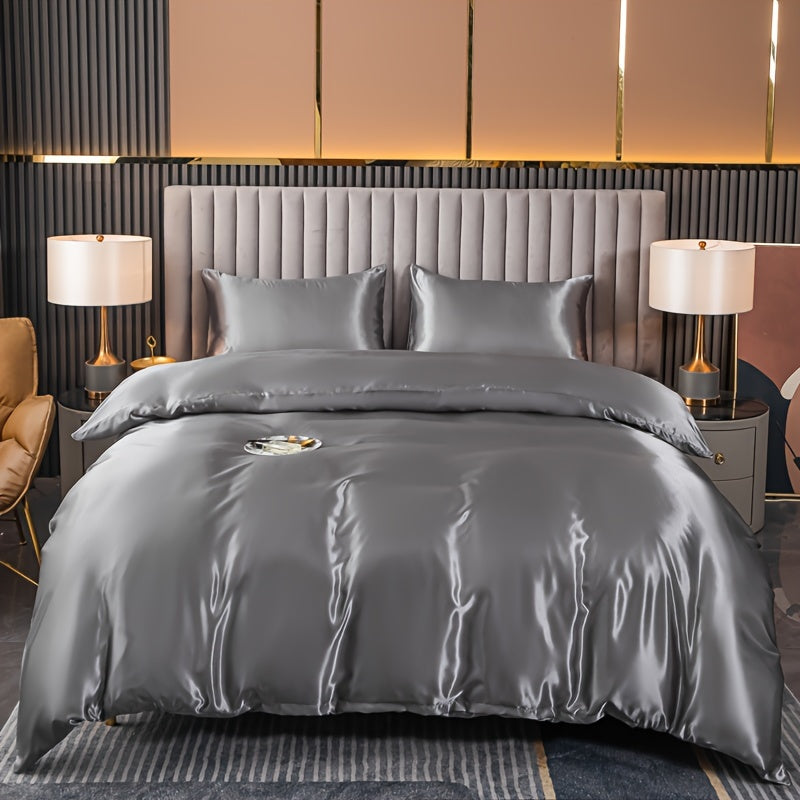 Set of Three Satin Duvet Cover and Pillowcases Solid Color Bedding Set