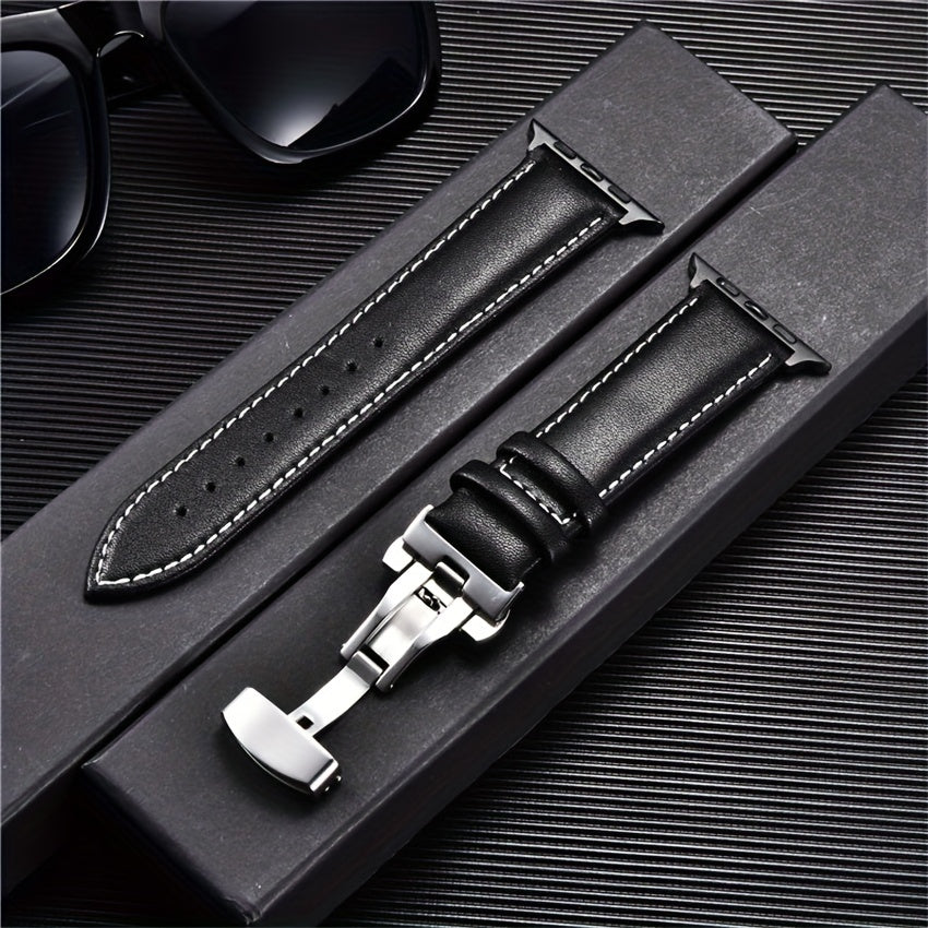 PU Leather Watch Band with Butterfly Clasp Compatible with All Apple Watch Models 38/40/41mm 42/44/45/49mm