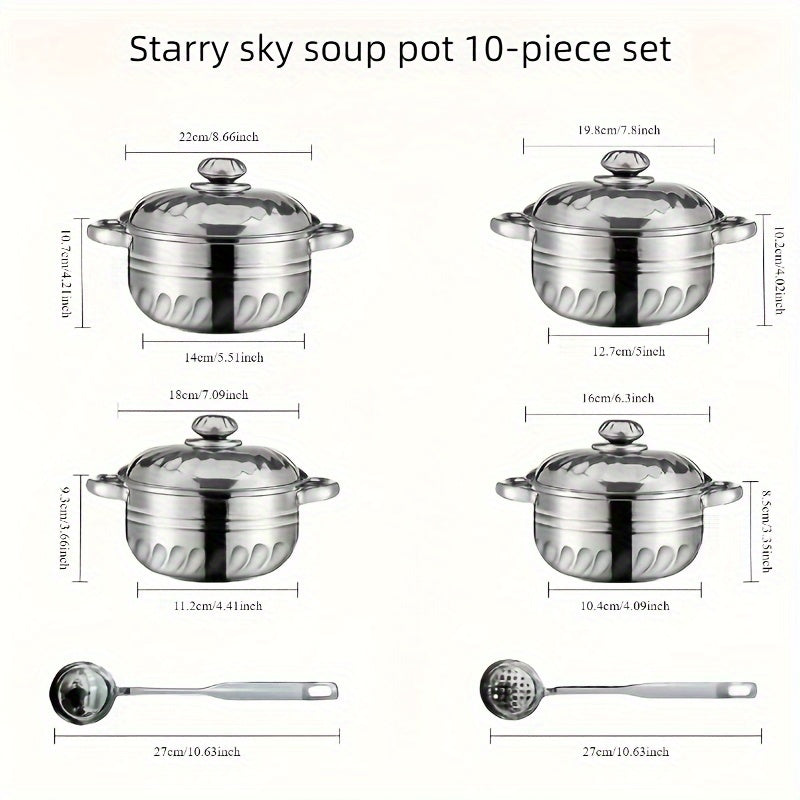 Set of 10 Stainless Steel Cookware Pots with Lids and Spoons for Soup Noodles Seafood