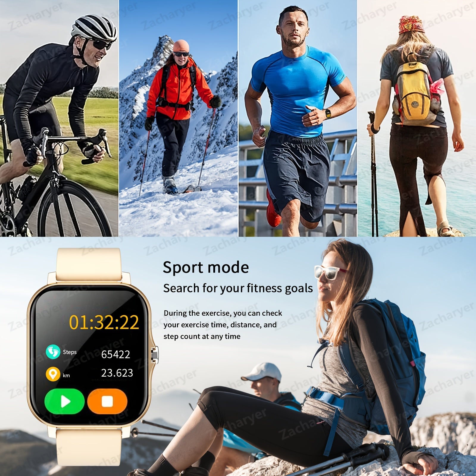 Full-Screen Touch Smartwatch with Call Alerts Sports Modes Compatible with Android and iPhone Square Silicone Band