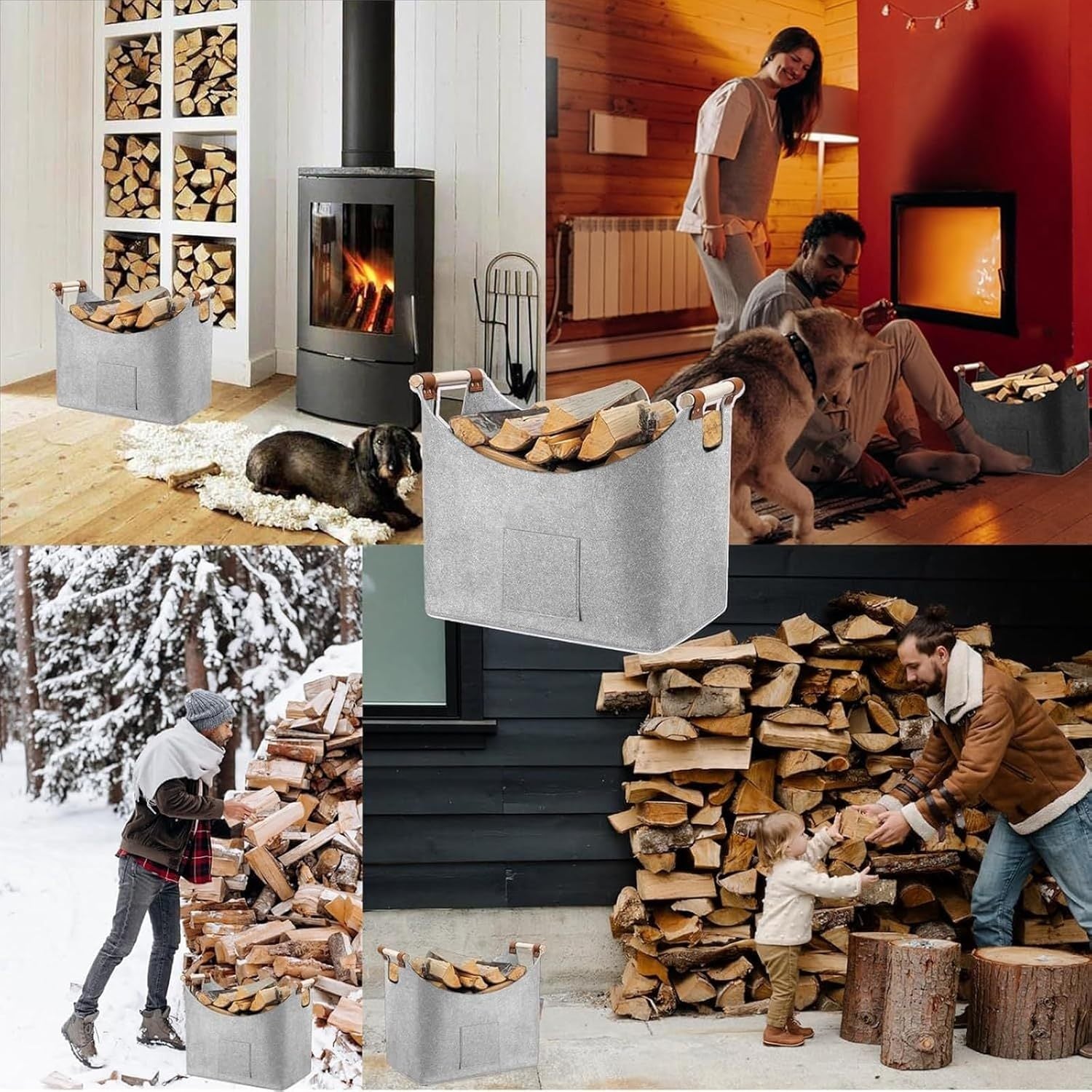 Большая серая корзина для дров из прочного ПЭТ-материала с ручками, очень толстое войлочное хранилище для дров, настенный держатель для дров для камина, емкость 36 кг/46 л, размеры 45x40x32 см