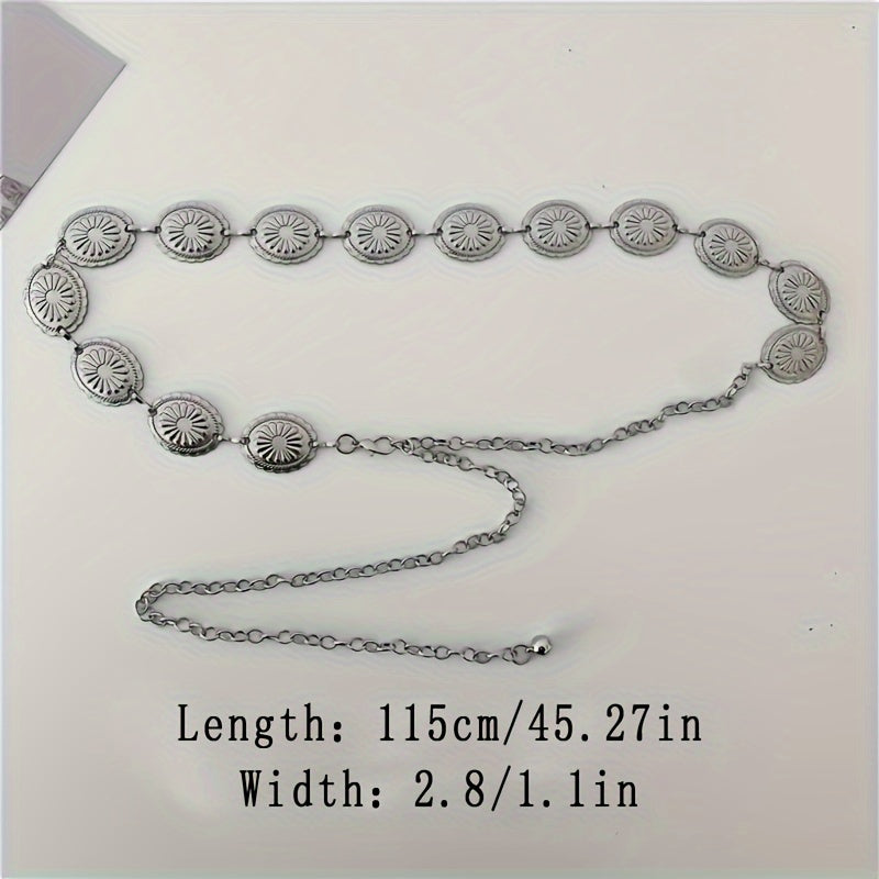 Ayollar uchun vintage oval oymali dizaynga ega kumush metall qorin zanjiri