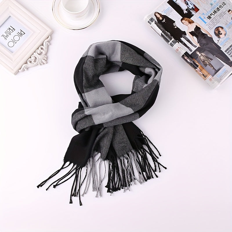 Men's Winter Scarf Imitation Cashmere Plaid Pattern Gift Warm Accessory