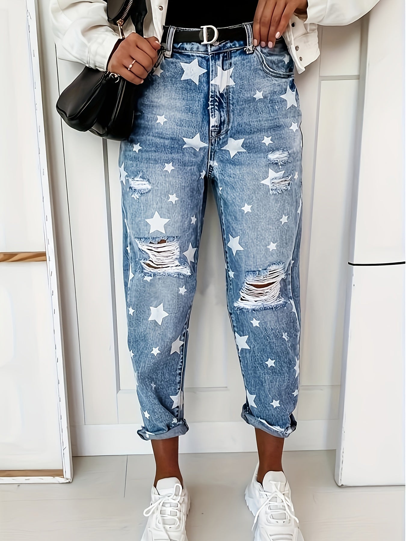 Pantalones rectos rasgados de cintura alta con estampado de estrellas en talla grande para mujer