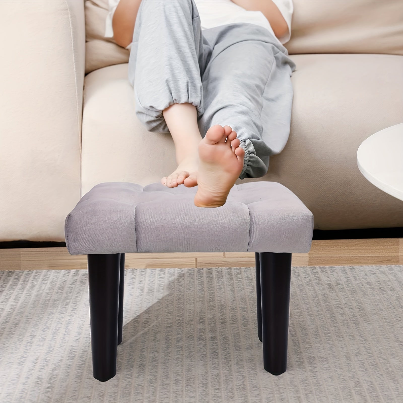 Small Velvet Footstool Ottoman with Wood Legs for Living Room Entryway Office