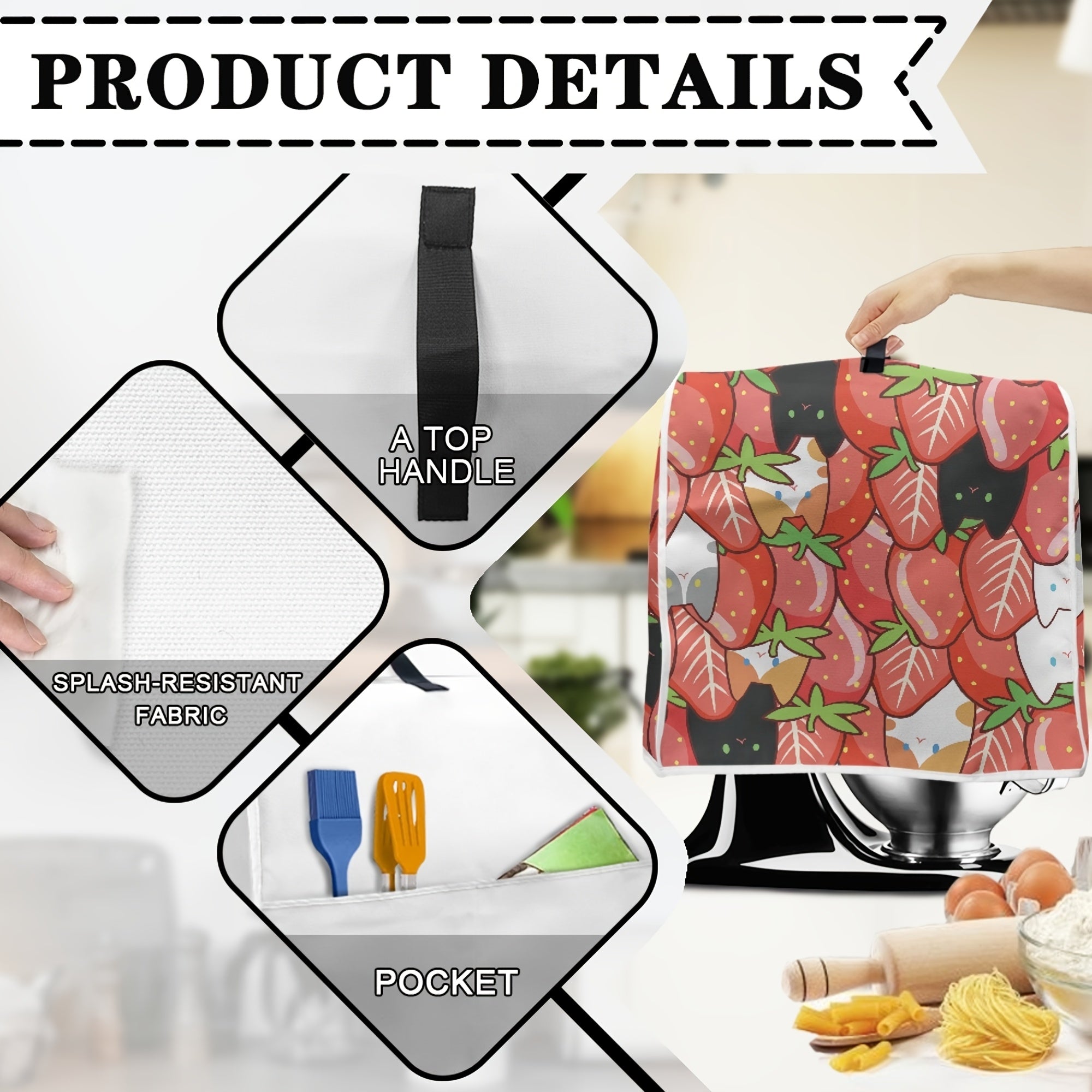 Bodring va mushuk multfilm oshxona texnikasi qoplami 6-8 kvartlik stend mikserlar uchun changdan himoya qiluvchi, yuqori tutqich va cho'ntak bilan