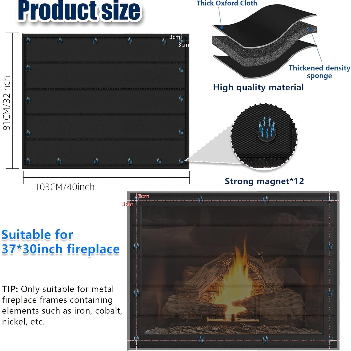 Magnetic Fireplace Cover 39x32 Inches Draft Blocker Heat Retainer