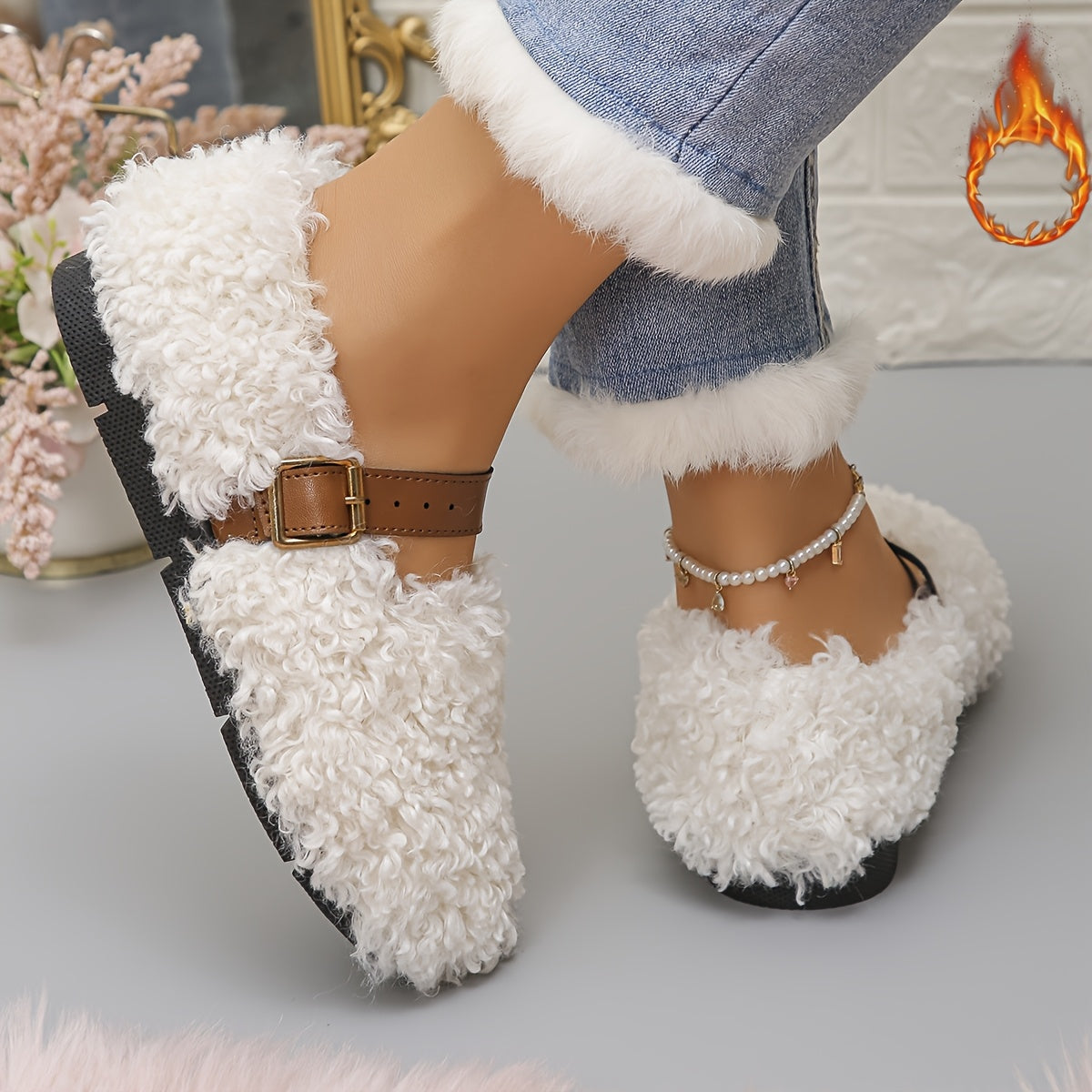 Women’s Plush Slip-On Shoes with Decorative Straps, Rubber Sole, Multiple Colors