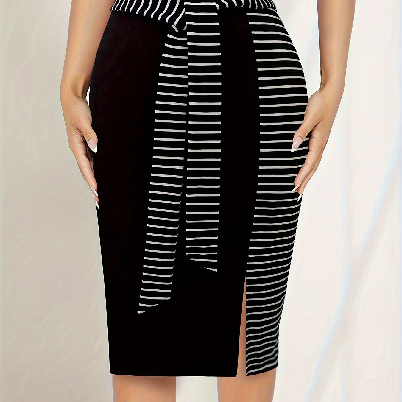 Women's Midi Skirt with Color Block Tie-Waist Rayon Blend for Office or Casual Spring Summer